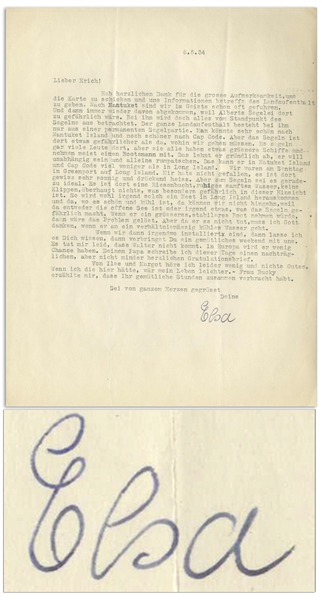 Elsa Einstein Letter Signed From 1934, With Copious Content on Albert Einstein's Love of Sailing -- ''...Albert will contemplate everything from the sailing point of view...''